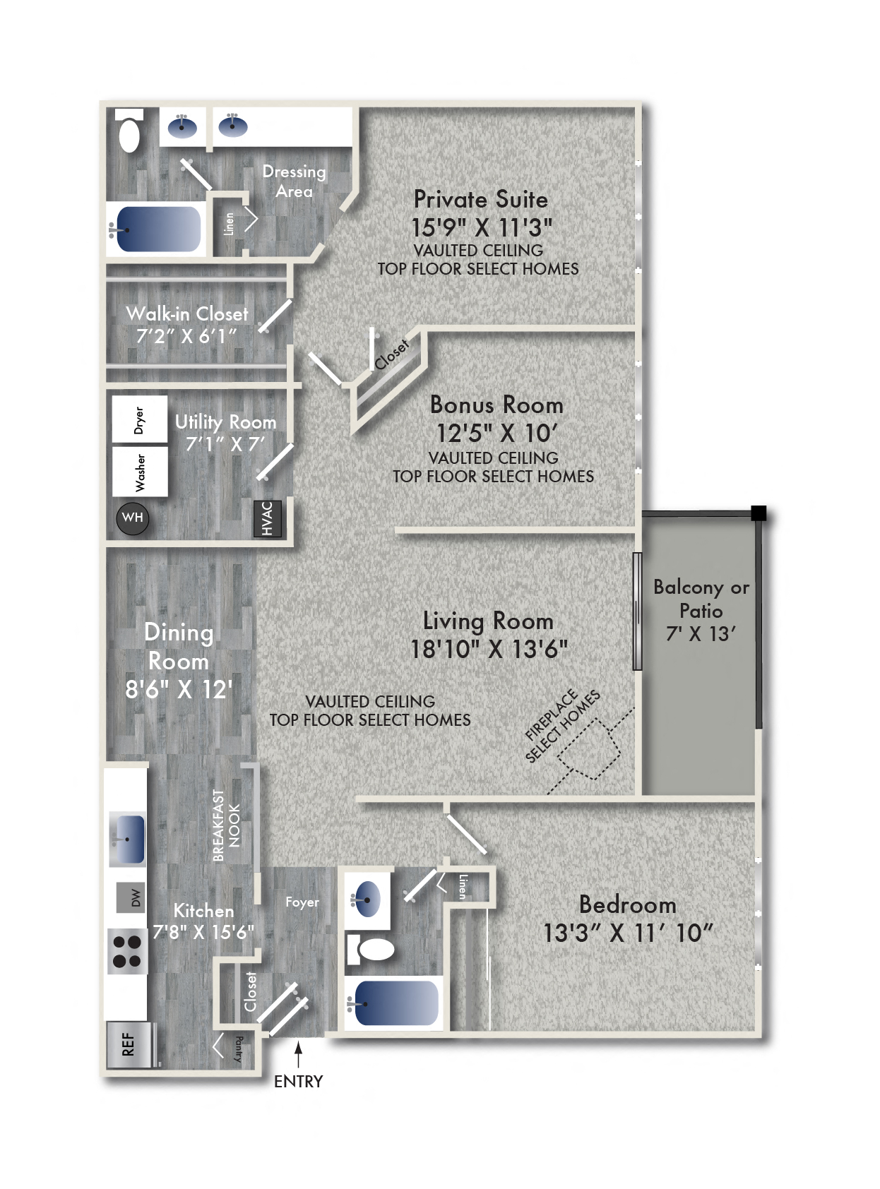 Floor plan for 2 beds, 2 baths, 1447 sqft